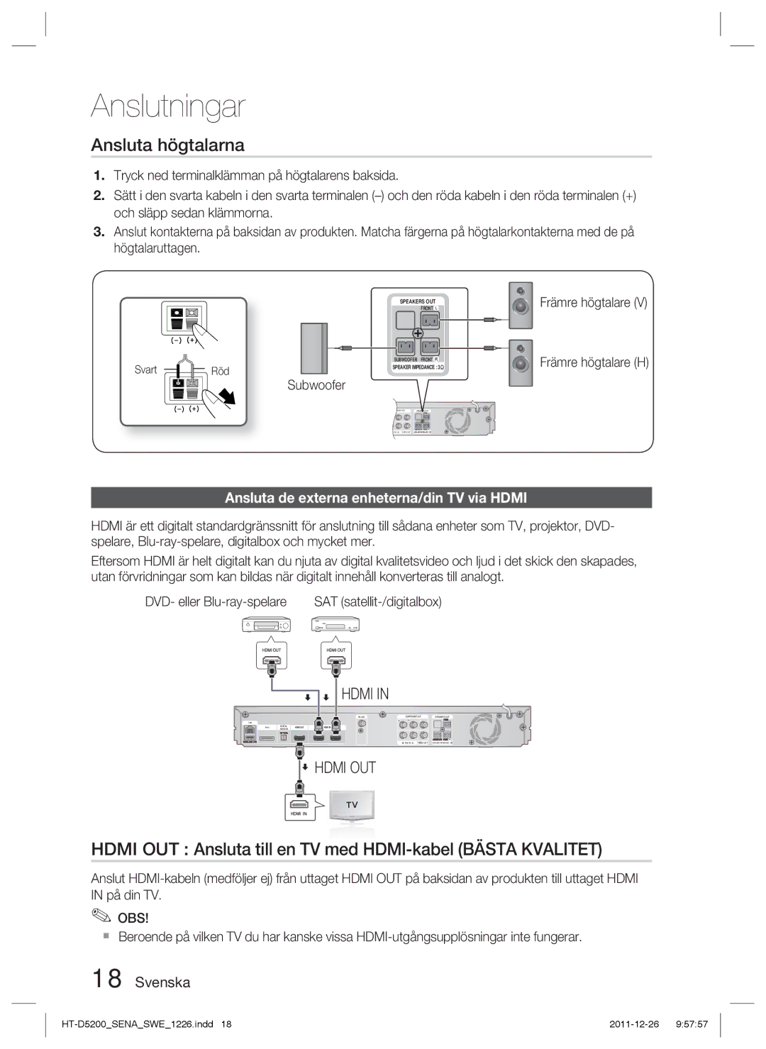 Samsung HT-D5200/XE manual Ansluta högtalarna, Hdmi OUT Ansluta till en TV med HDMI-kabel Bästa Kvalitet, Subwoofer 