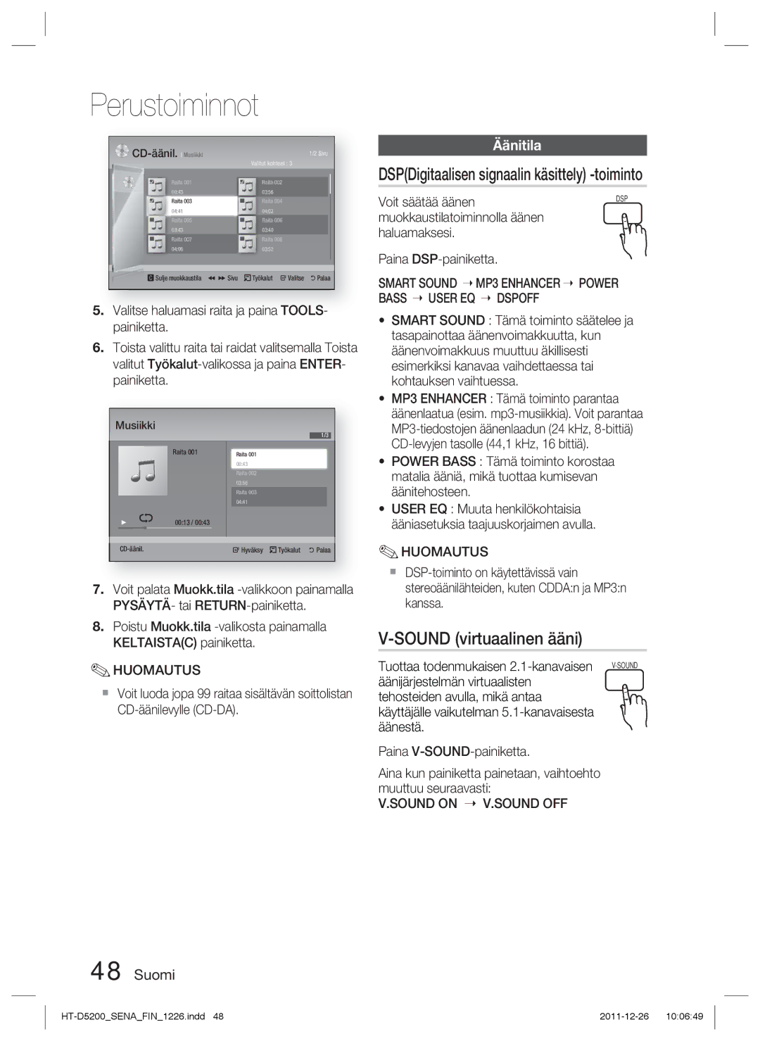 Samsung HT-D5200/XE manual DSPDigitaalisen signaalin käsittely -toiminto, Sound virtuaalinen ääni, Äänitila 