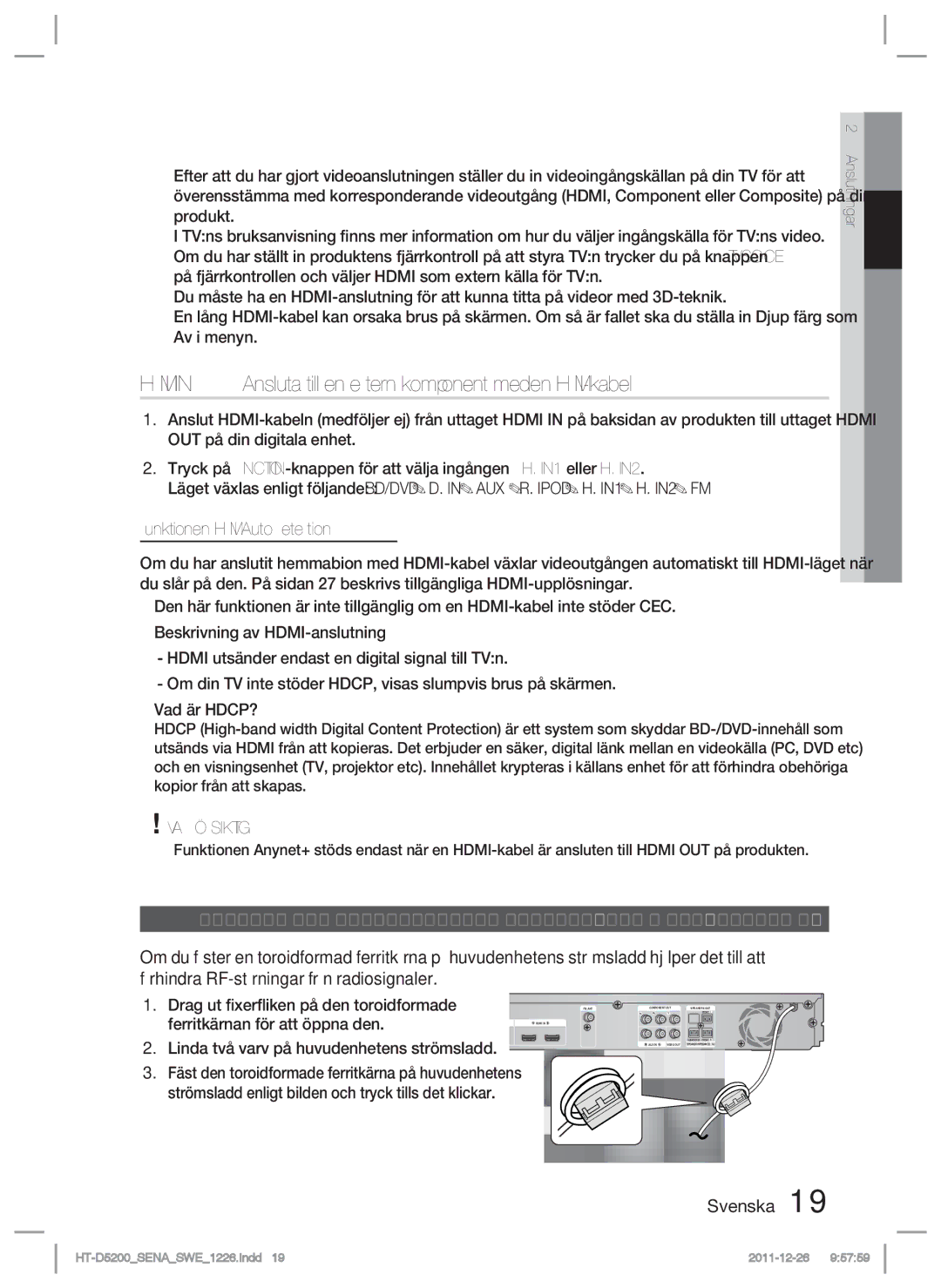 Samsung HT-D5200/XE manual Hdmi in Ansluta till en extern komponent med en HDMI-kabel, Funktionen Hdmi Auto Detection 