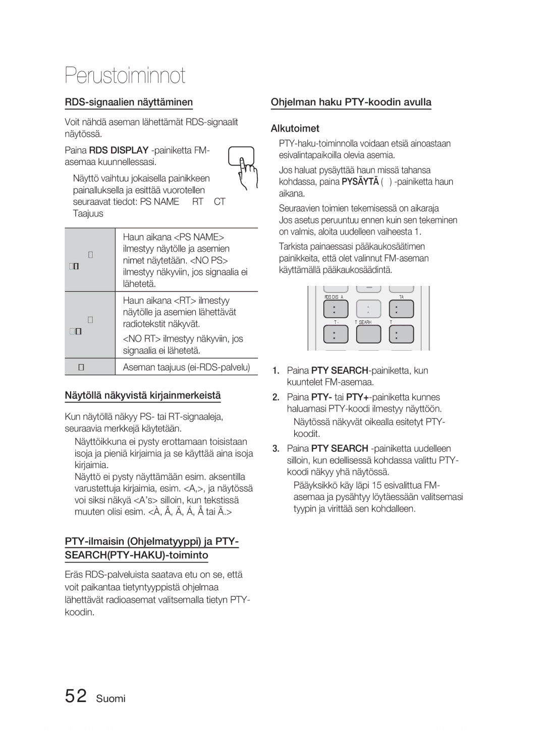 Samsung HT-D5200/XE manual RDS-signaalien näyttäminen, Näytöllä näkyvistä kirjainmerkeistä 