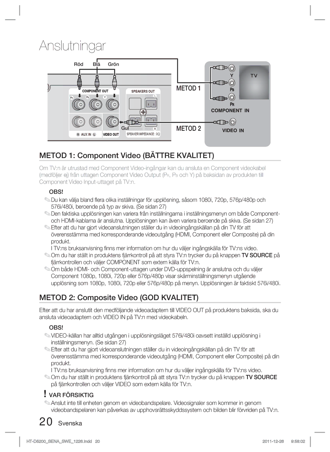 Samsung HT-D5200/XE manual Metod 1 Component Video Bättre Kvalitet, Metod 2 Composite Video GOD Kvalitet, Röd Blå Grön 