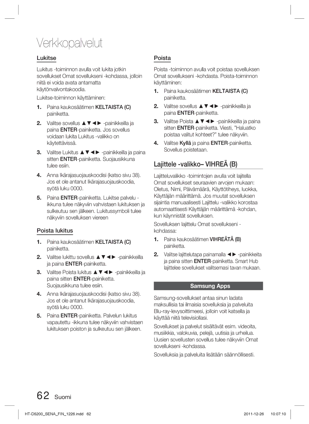 Samsung HT-D5200/XE manual Lajittele -valikko- Vihreä B, Lukitse, Poista lukitus 