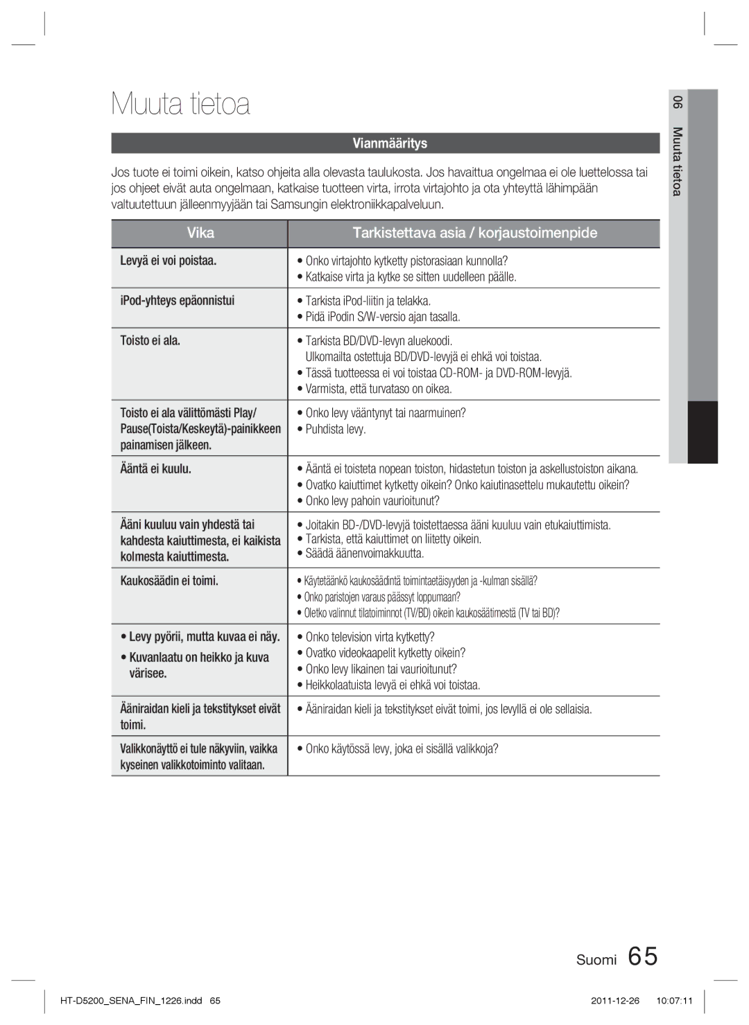 Samsung HT-D5200/XE manual Muuta tietoa, Vianmääritys 