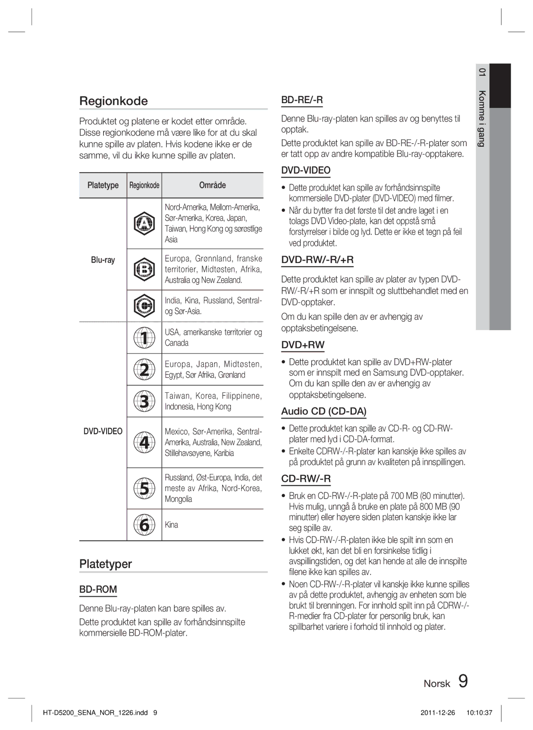 Samsung HT-D5200/XE manual Regionkode, Platetyper, Audio CD CD-DA 