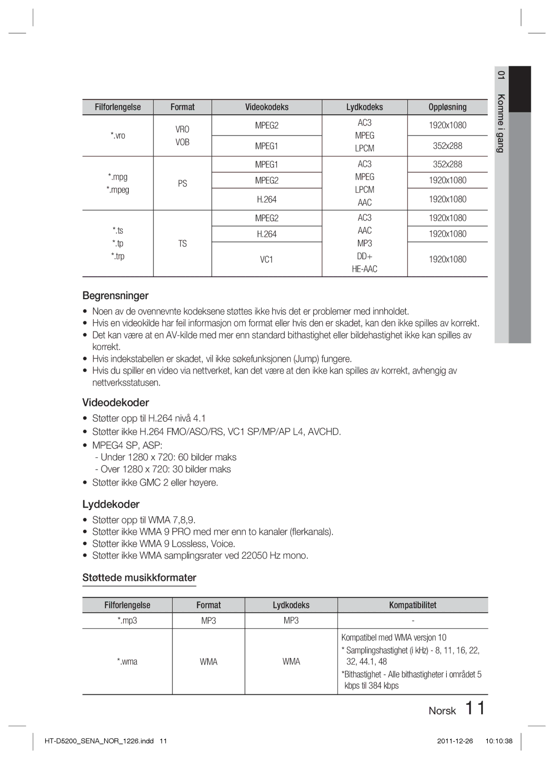 Samsung HT-D5200/XE manual Begrensninger, Støttede musikkformater, Filforlengelse Format Lydkodeks Kompatibilitet 