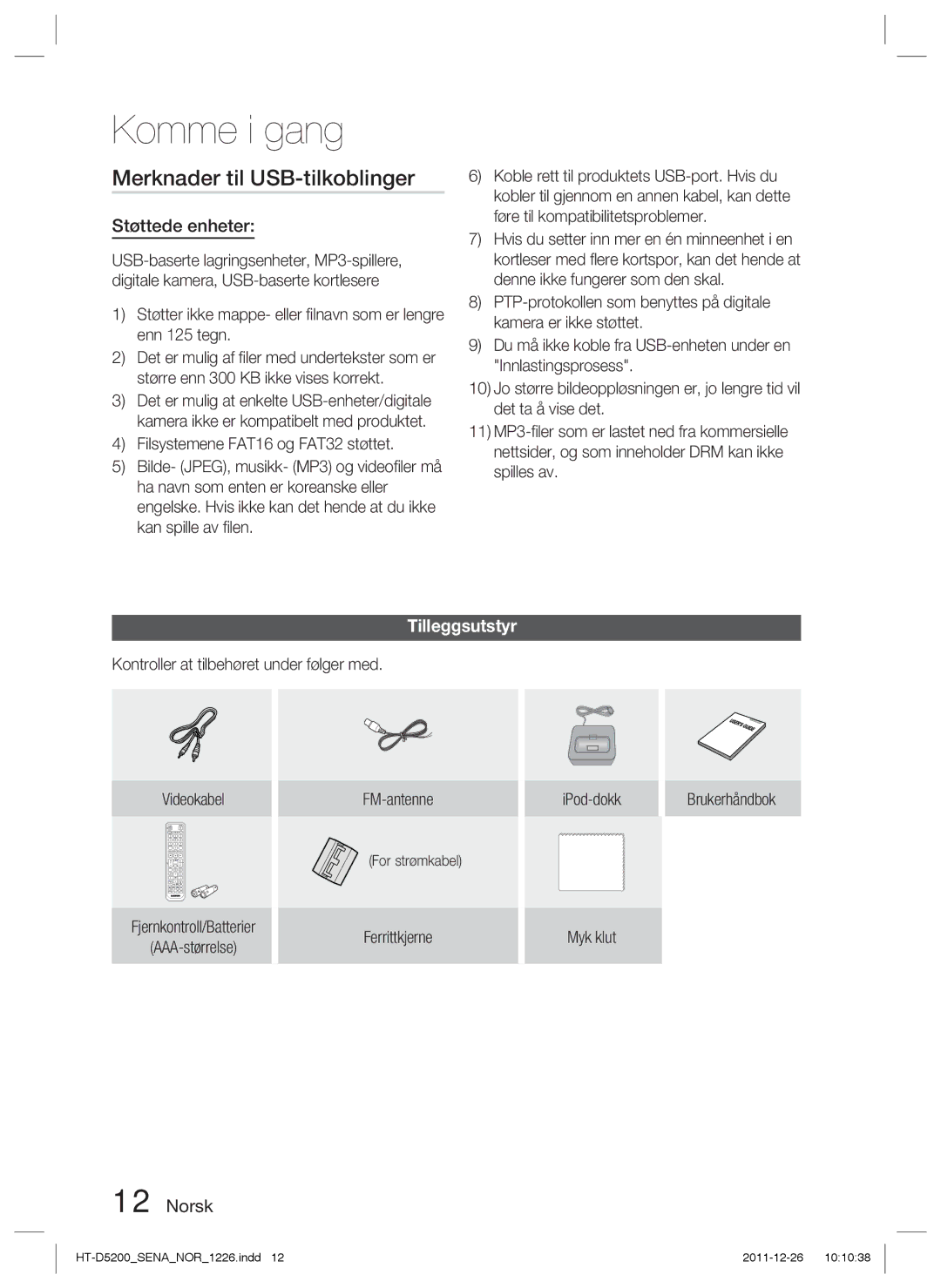 Samsung HT-D5200/XE manual Merknader til USB-tilkoblinger, Støttede enheter, Tilleggsutstyr 