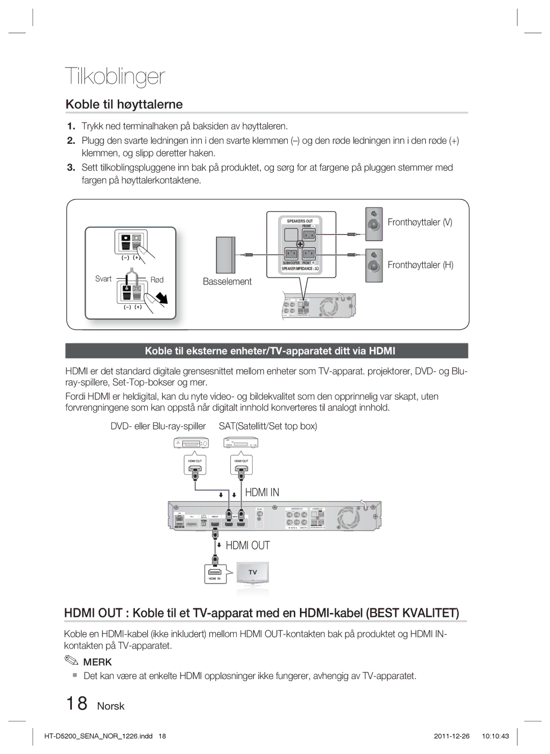 Samsung HT-D5200/XE manual Koble til høyttalerne, Koble til eksterne enheter/TV-apparatet ditt via Hdmi, Svart 