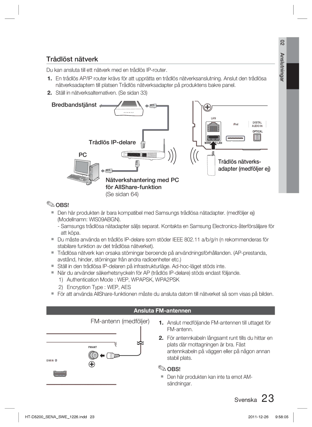 Samsung HT-D5200/XE manual Bredbandstjänst Trådlös IP-delare, Se sidan, Ansluta FM-antennen 