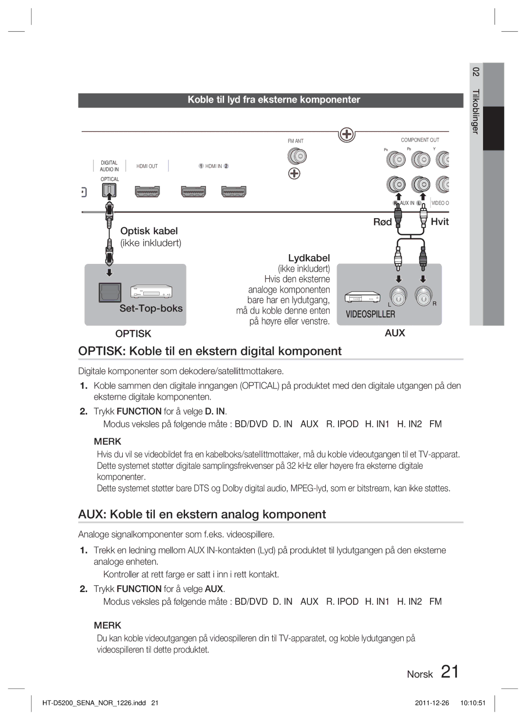 Samsung HT-D5200/XE manual Optisk Koble til en ekstern digital komponent, AUX Koble til en ekstern analog komponent 