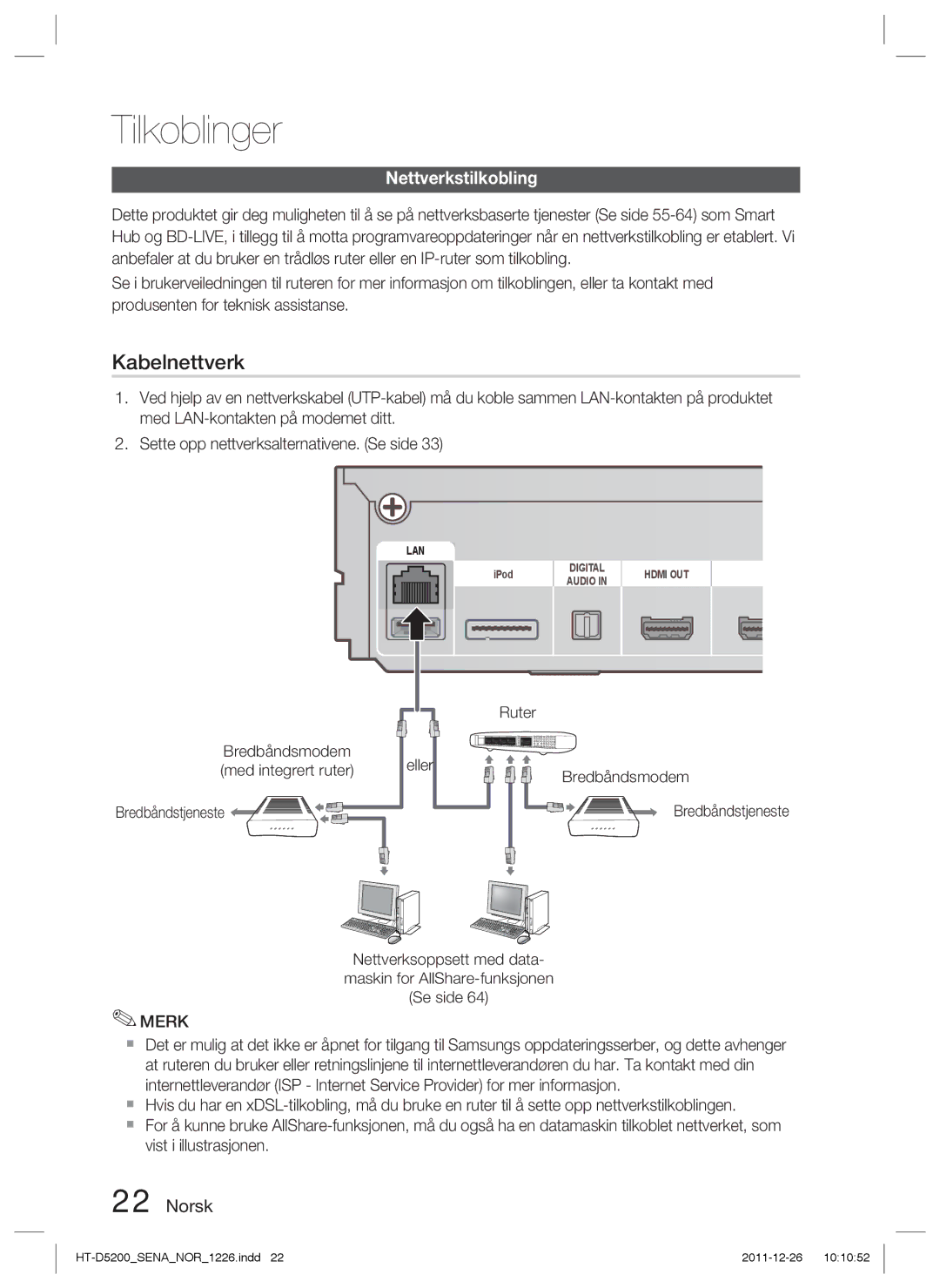 Samsung HT-D5200/XE manual Nettverkstilkobling, Eller, Ruter Bredbåndsmodem Bredbåndstjeneste 