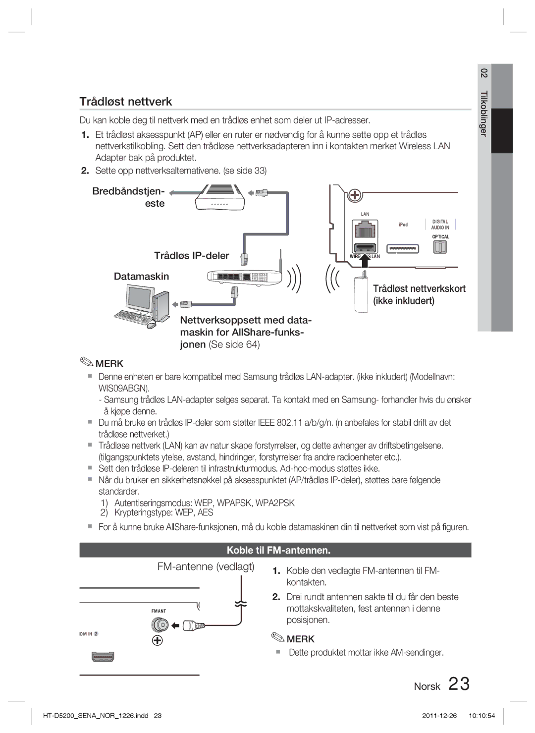 Samsung HT-D5200/XE manual FM-antenne vedlagt, Koble til FM-antennen,  Dette produktet mottar ikke AM-sendinger 