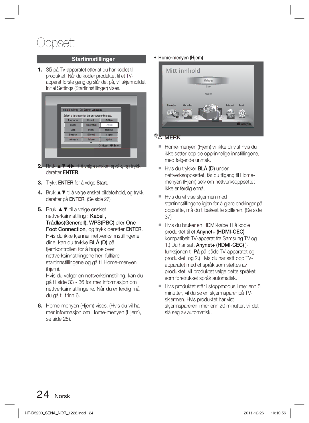 Samsung HT-D5200/XE manual Oppsett, Startinnstillinger 