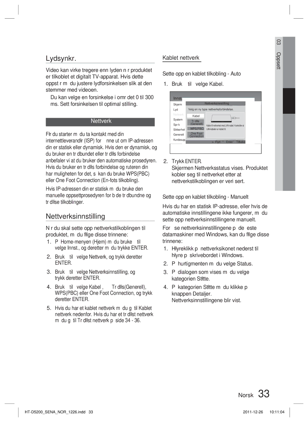 Samsung HT-D5200/XE manual Lydsynkr, Nettverksinnstilling, Kablet nettverk 