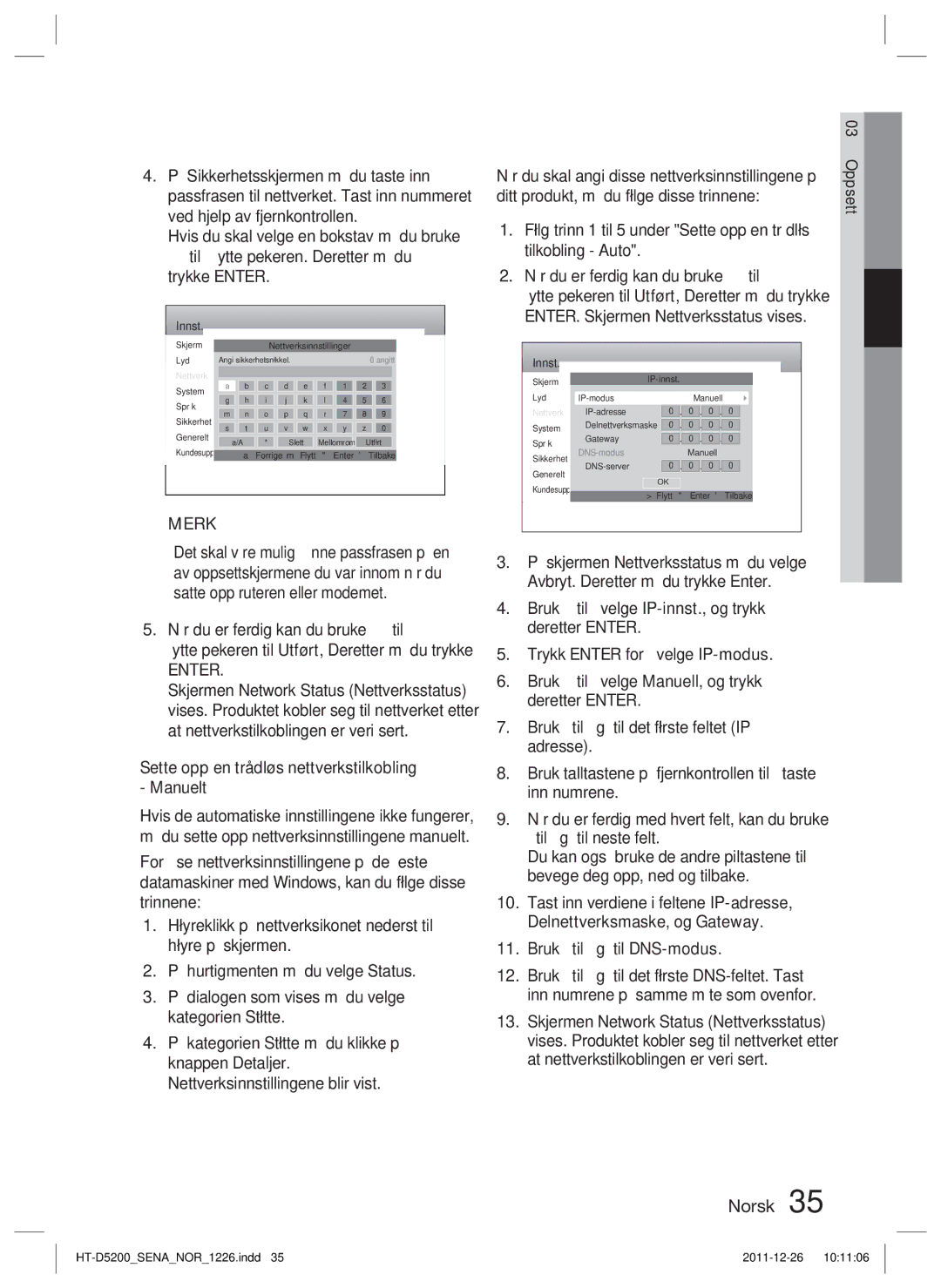 Samsung HT-D5200/XE manual Merk, Sette opp en trådløs nettverkstilkobling Manuelt 