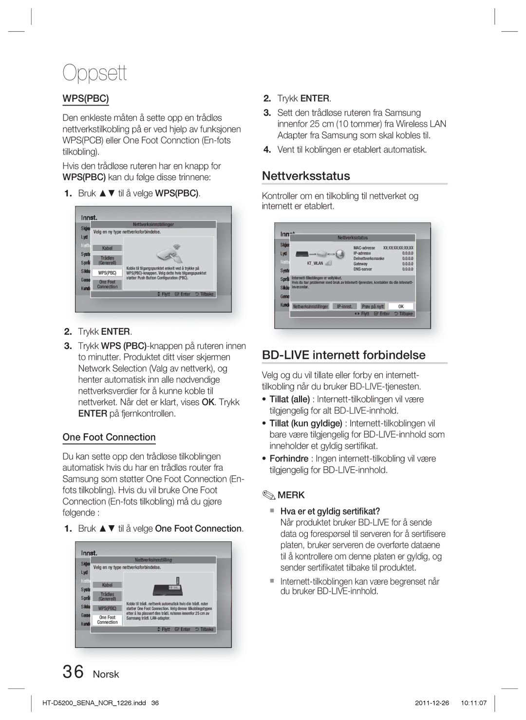 Samsung HT-D5200/XE manual Nettverksstatus, BD-LIVE internett forbindelse 