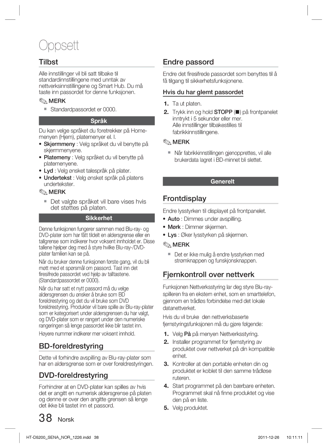 Samsung HT-D5200/XE manual Tilbst, BD-foreldrestyring, DVD-foreldrestyring, Endre passord, Frontdisplay 