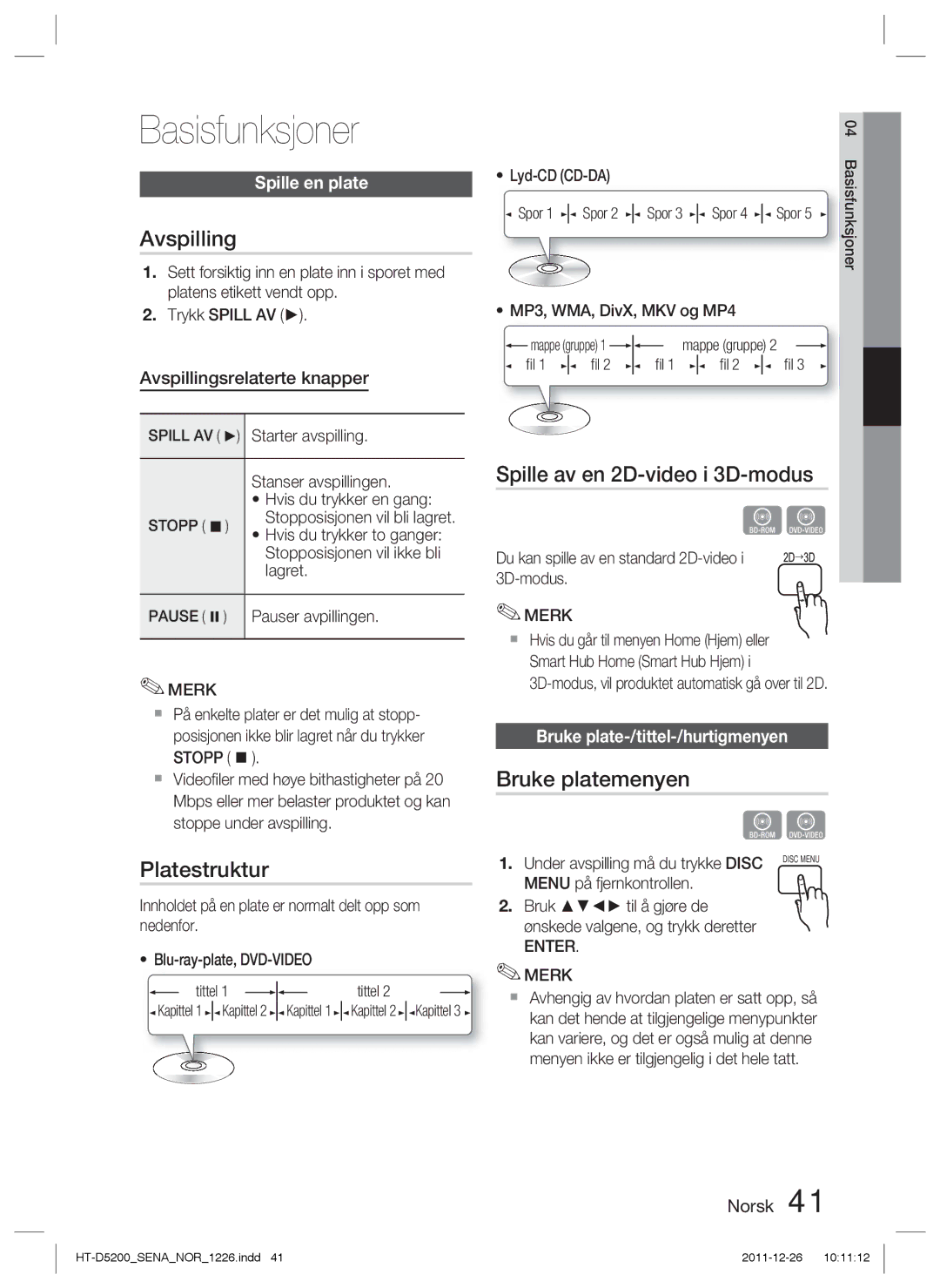 Samsung HT-D5200/XE manual Basisfunksjoner, Avspilling, Platestruktur, Spille av en 2D-video i 3D-modus, Bruke platemenyen 