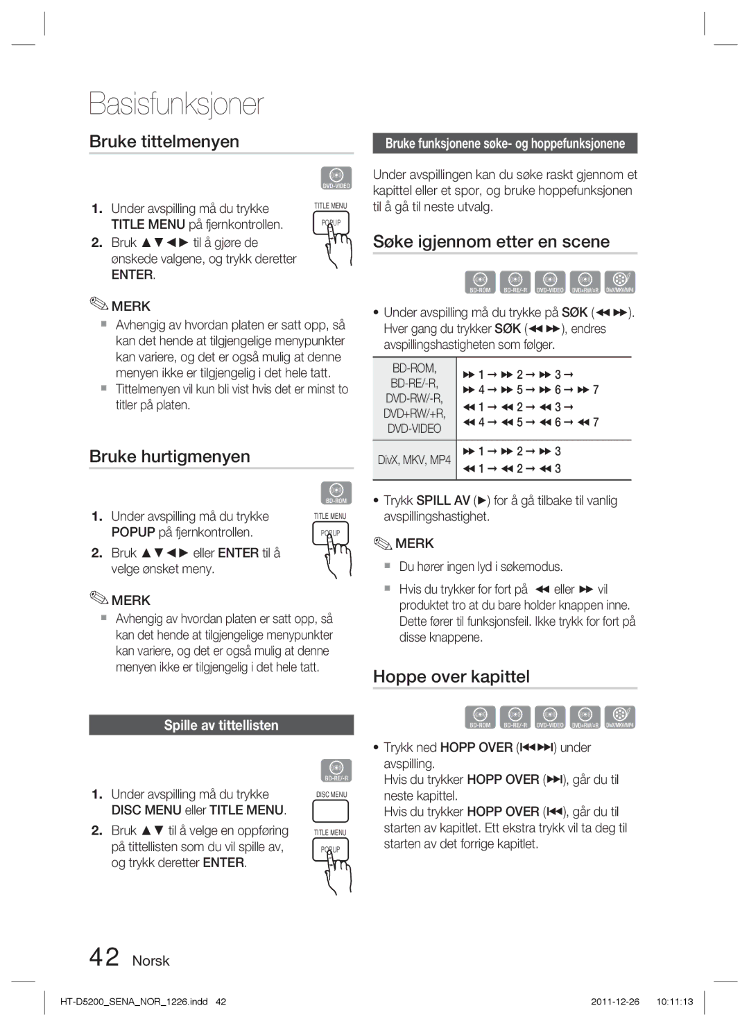 Samsung HT-D5200/XE manual Bruke tittelmenyen, Søke igjennom etter en scene, Bruke hurtigmenyen, Hoppe over kapittel 