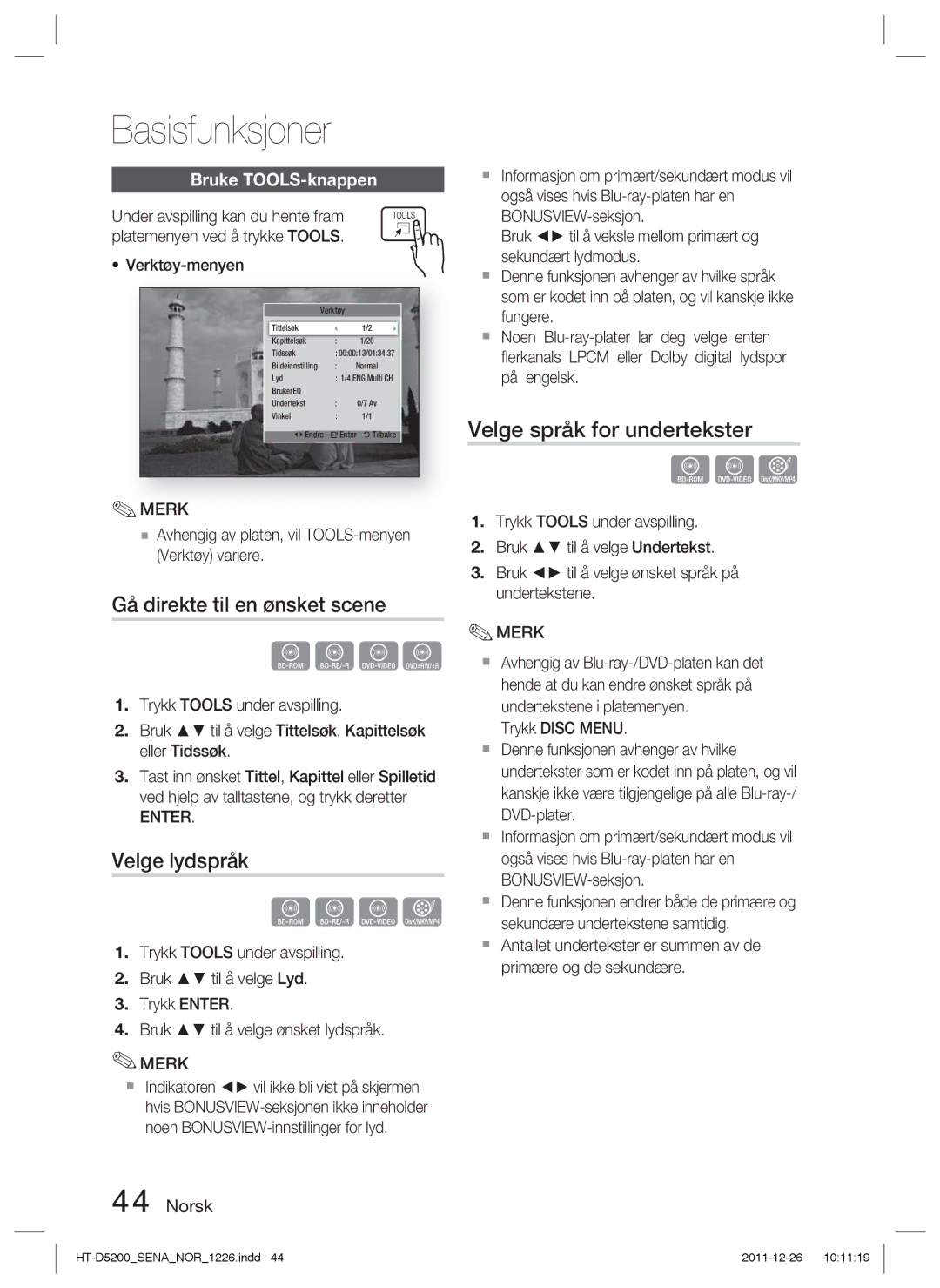 Samsung HT-D5200/XE Gå direkte til en ønsket scene, Velge lydspråk, Velge språk for undertekster, Bruke TOOLS-knappen 