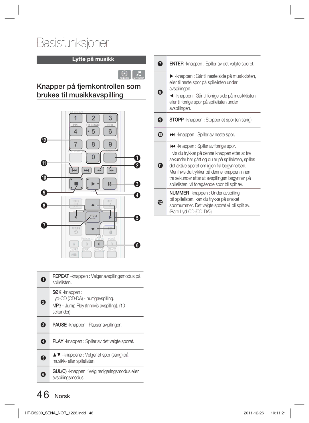 Samsung HT-D5200/XE manual Knapper på fjernkontrollen som brukes til musikkavspilling, Lytte på musikk 