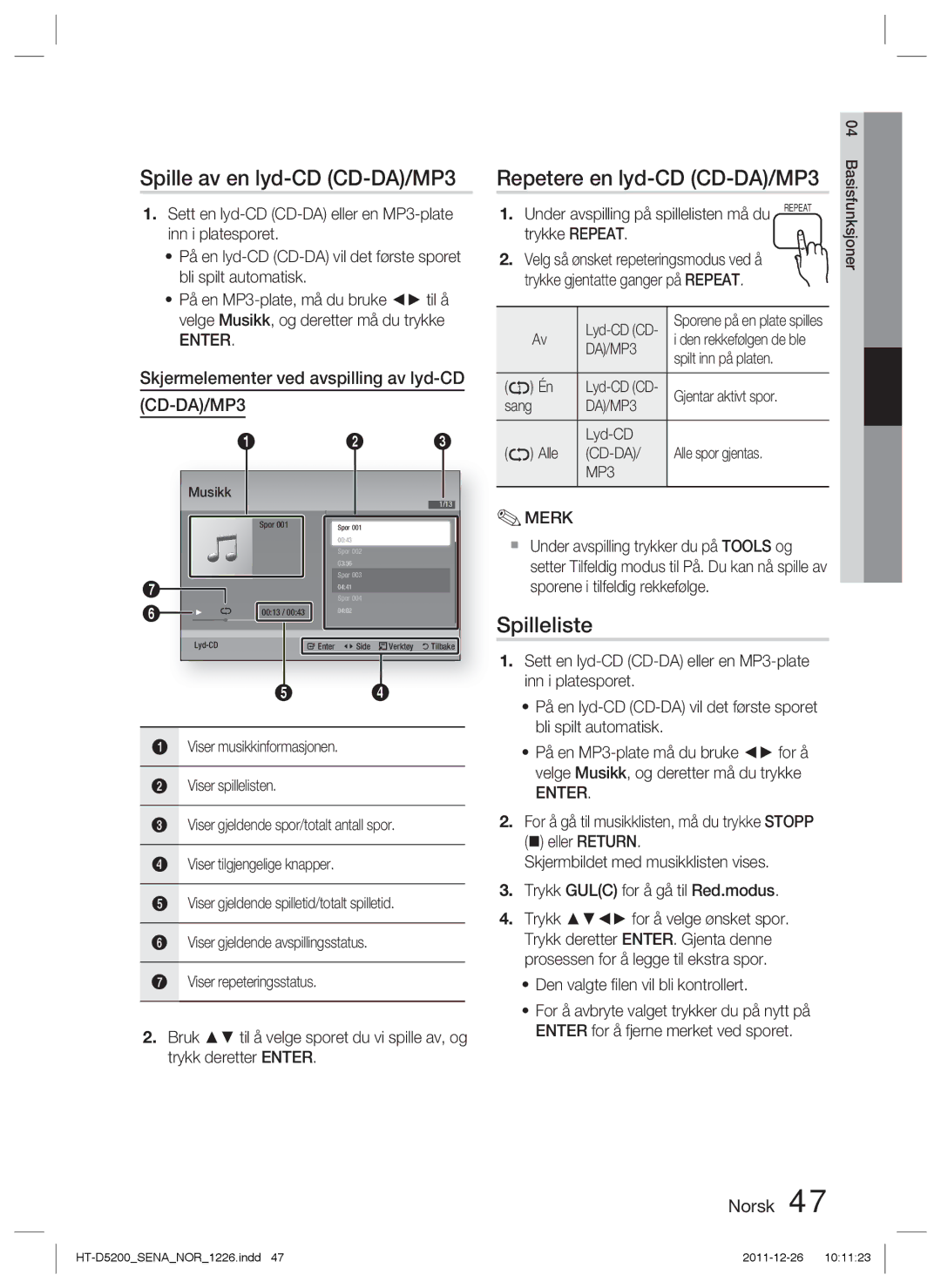 Samsung HT-D5200/XE manual Spille av en lyd-CD CD-DA/MP3, Repetere en lyd-CD CD-DA/MP3, Spilleliste 