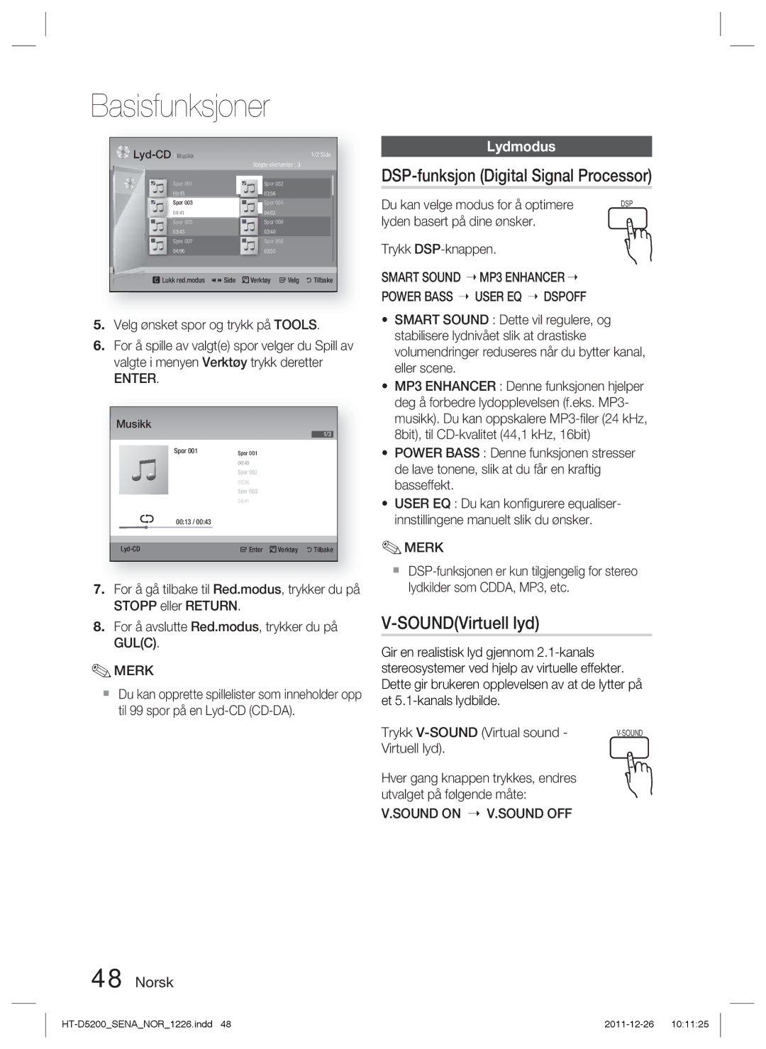 Samsung HT-D5200/XE manual DSP-funksjon Digital Signal Processor, SOUNDVirtuell lyd, Lydmodus, Sound on Sound OFF 