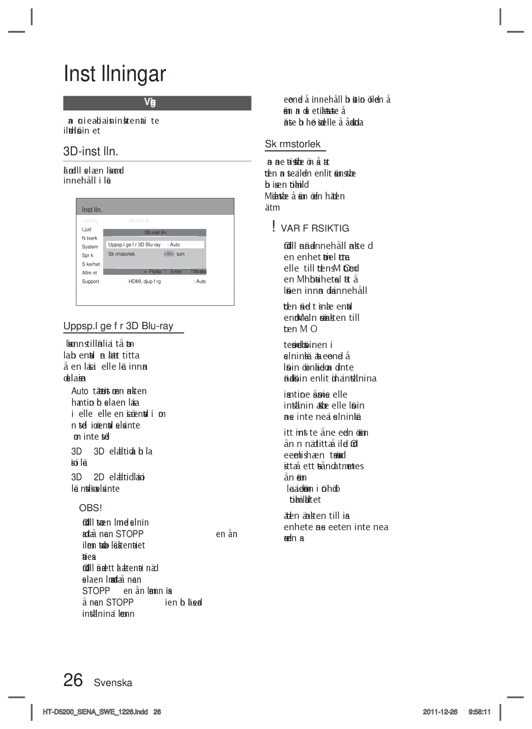 Samsung HT-D5200/XE manual 3D-inställn, Visning, Uppsp.läge för 3D Blu-ray, Skärmstorlek 