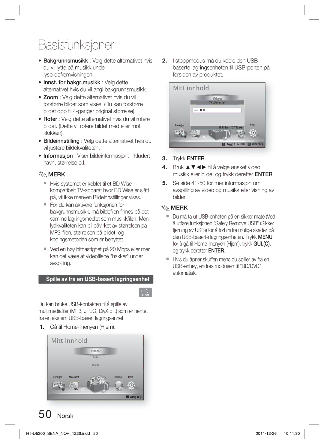 Samsung HT-D5200/XE manual Spille av fra en USB-basert lagringsenhet, Gå til Home-menyen Hjem 