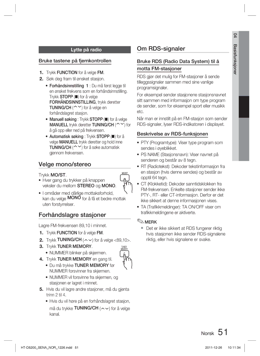 Samsung HT-D5200/XE manual Velge mono/stereo, Forhåndslagre stasjoner, Om RDS-signaler, Lytte på radio 