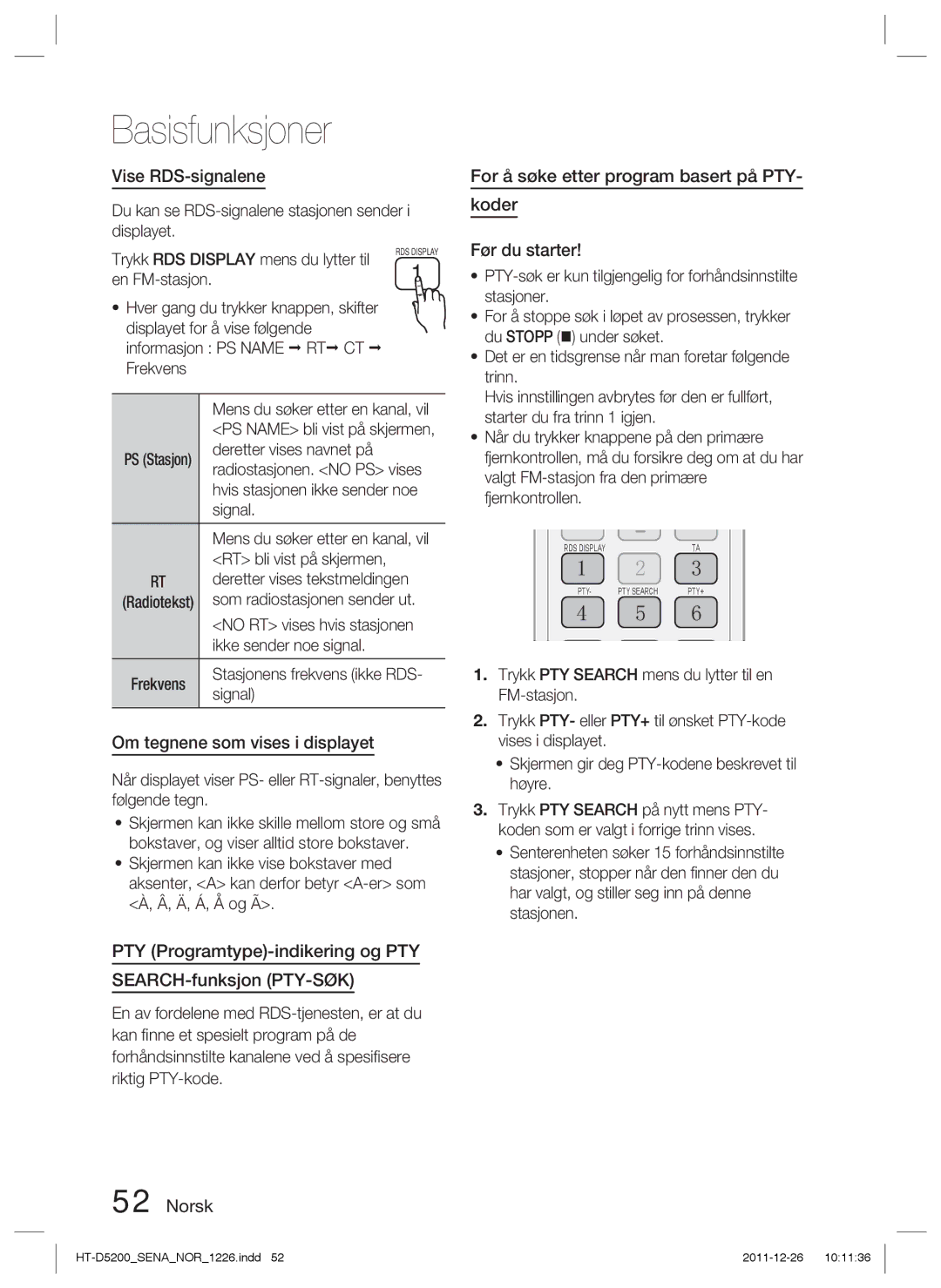 Samsung HT-D5200/XE manual Vise RDS-signalene, Om tegnene som vises i displayet 