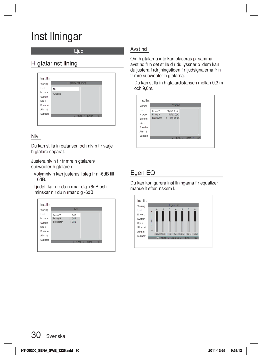 Samsung HT-D5200/XE manual Högtalarinställning, Egen EQ, Nivå, Svenska Avstånd 