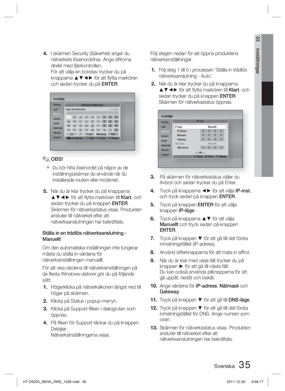 Samsung HT-D5200/XE manual Använd sifferknapparna för att mata in siffror, DNS-läge Manuellt 