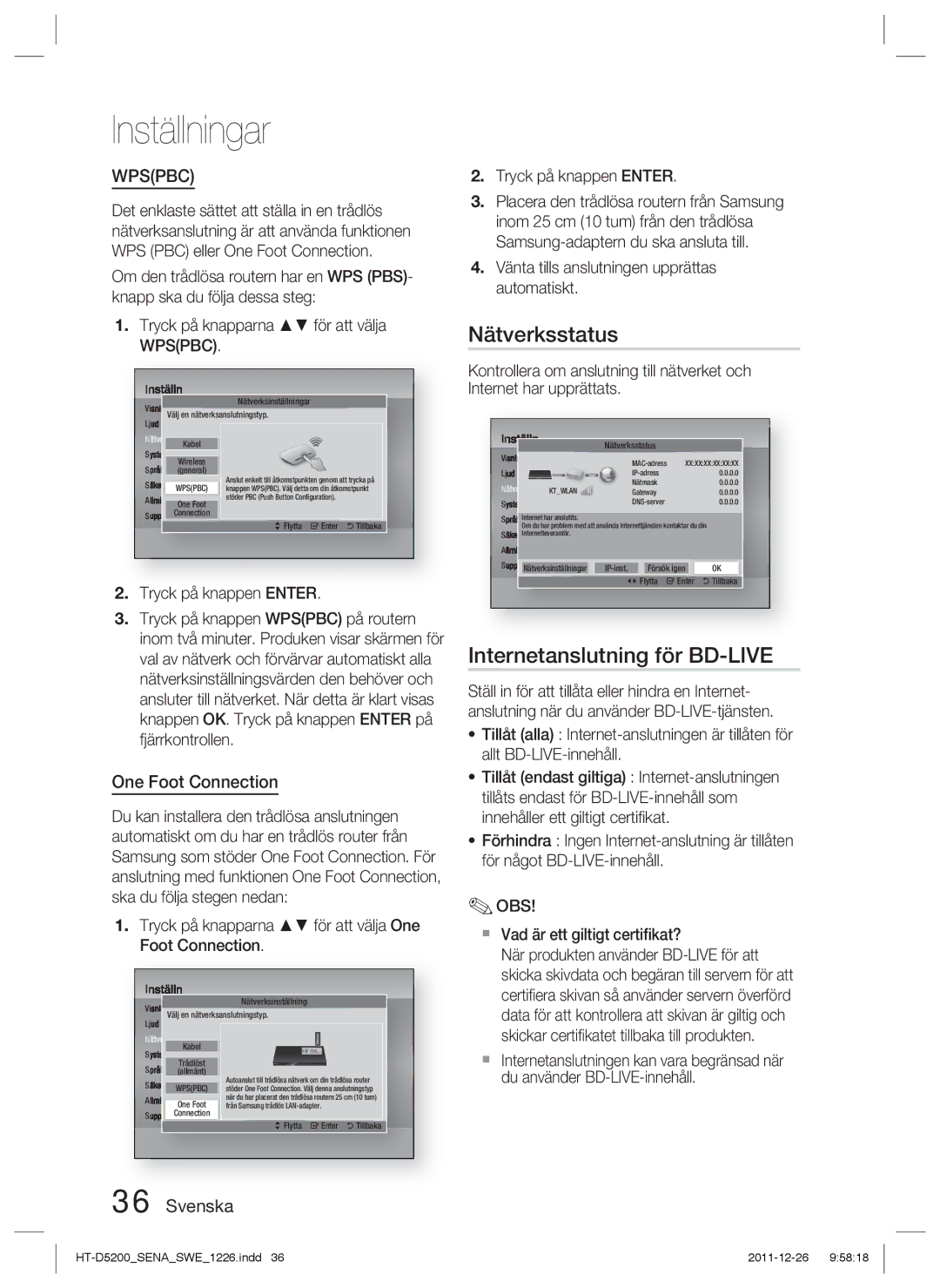 Samsung HT-D5200/XE manual Nätverksstatus, Internetanslutning för BD-LIVE, One Foot Connection, Tryck på knappen Enter 