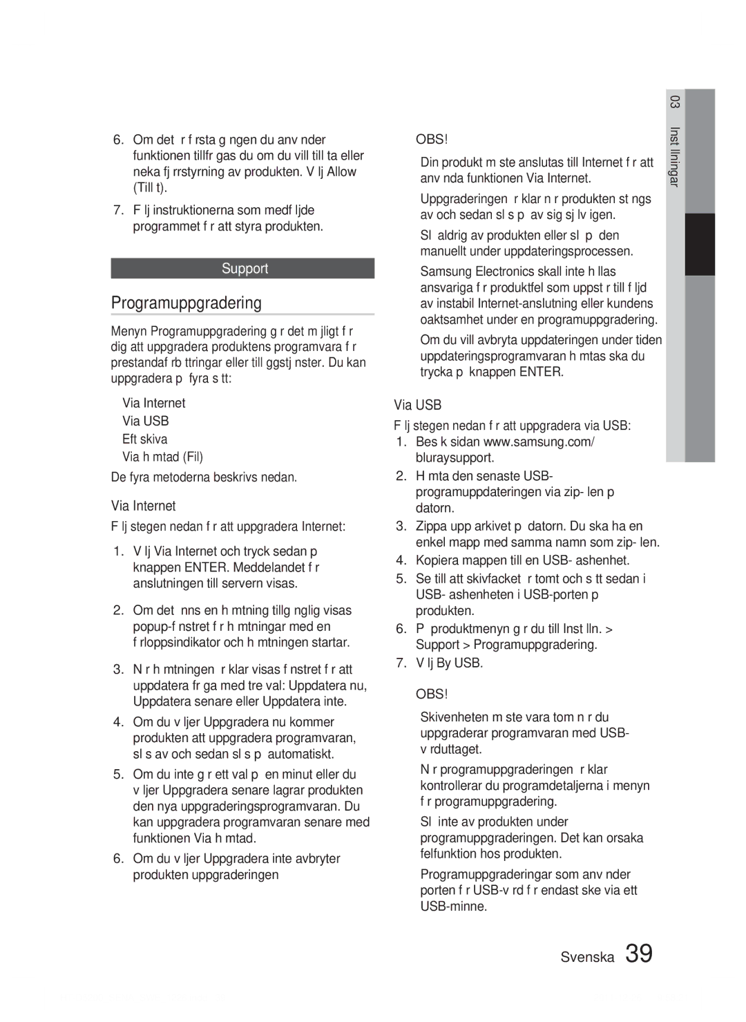 Samsung HT-D5200/XE manual Programuppgradering, Support, Via Internet, Via USB 