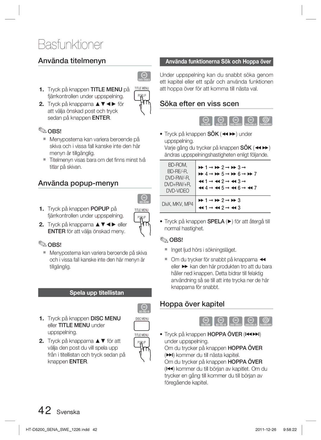 Samsung HT-D5200/XE manual Använda titelmenyn, Söka efter en viss scen, Använda popup-menyn, Hoppa över kapitel 