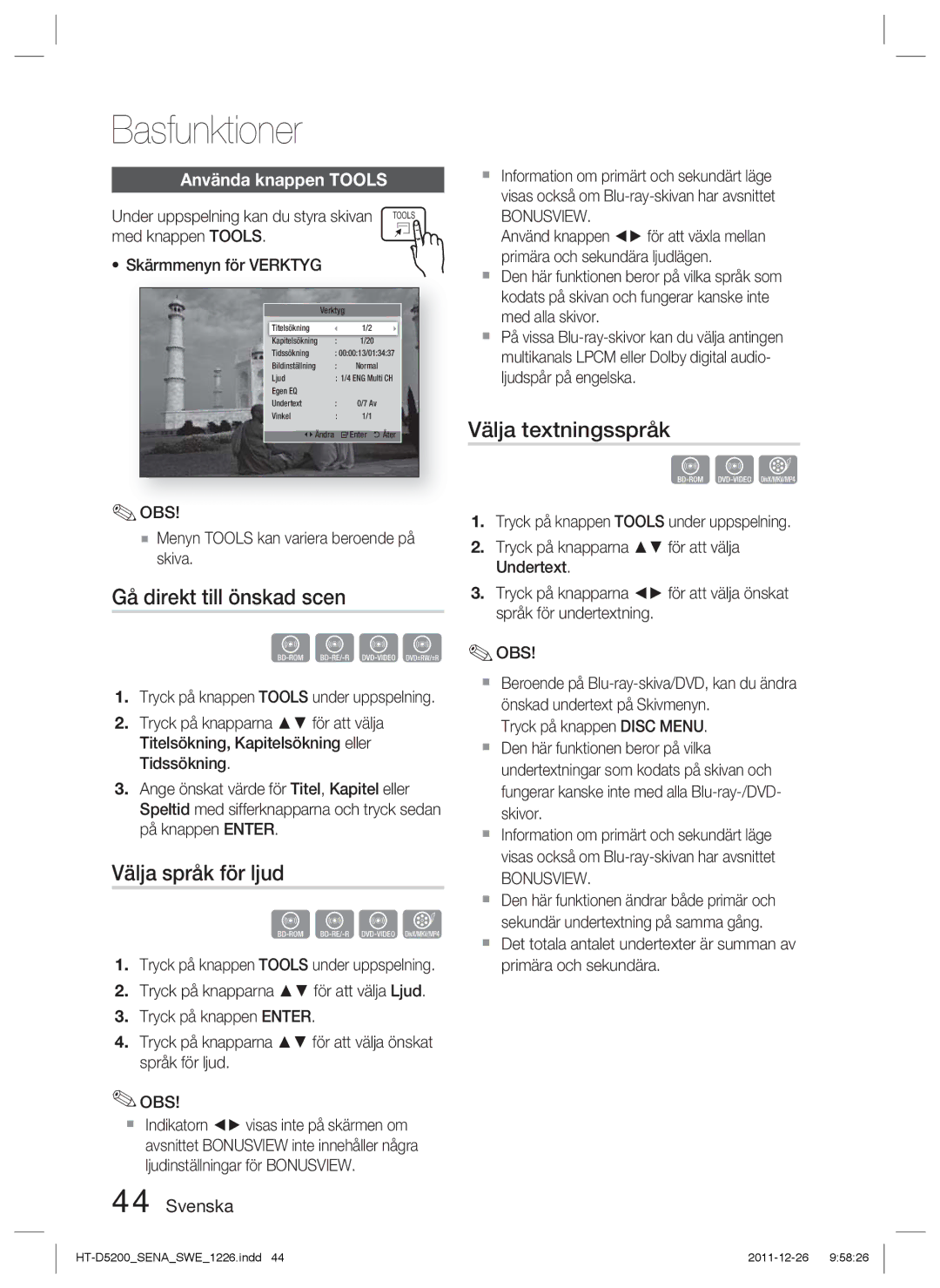 Samsung HT-D5200/XE manual Gå direkt till önskad scen, Välja språk för ljud, Välja textningsspråk, Använda knappen Tools 