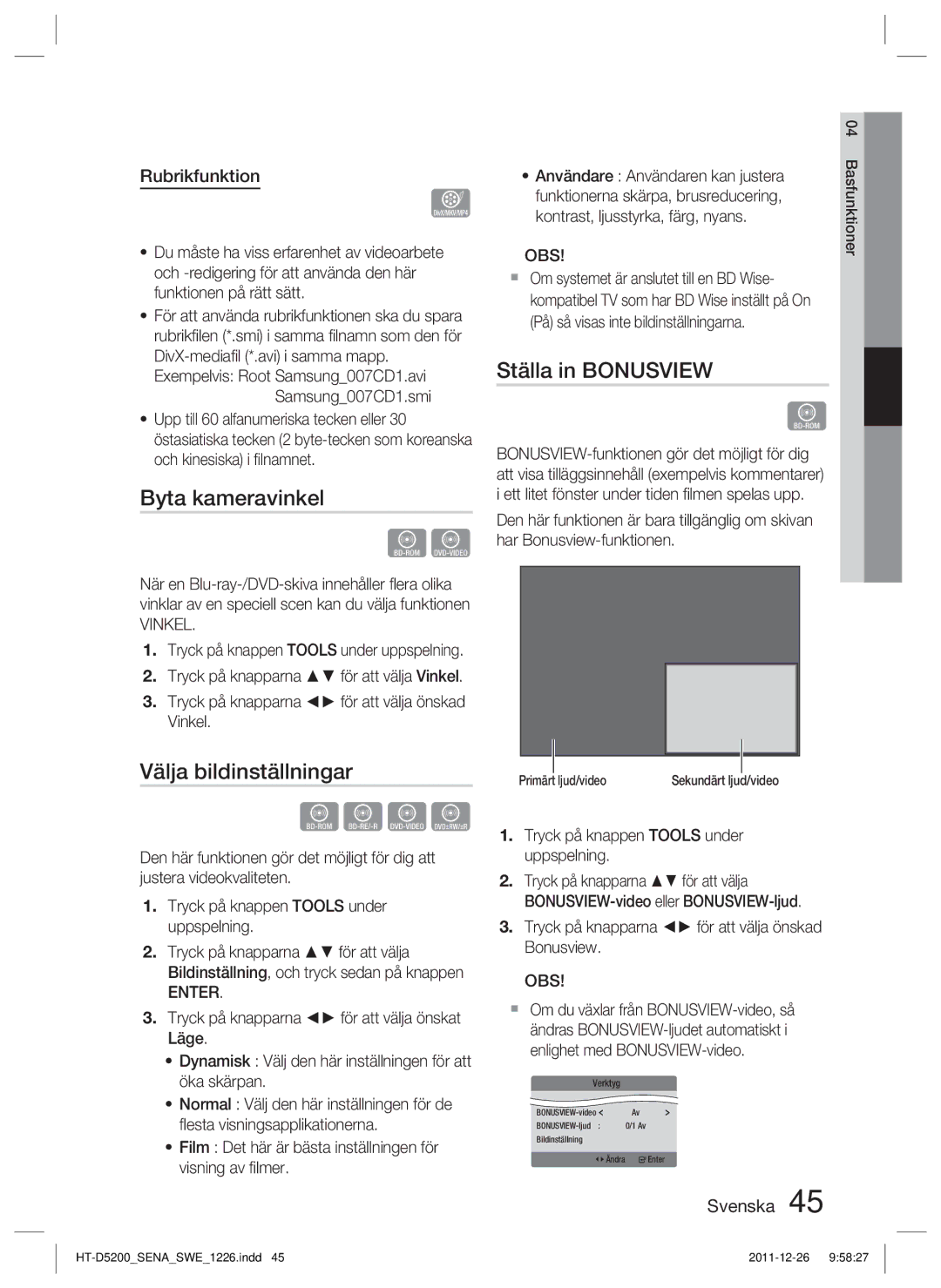 Samsung HT-D5200/XE manual Byta kameravinkel, Ställa in Bonusview, Välja bildinställningar, Rubrikfunktion, Vinkel 