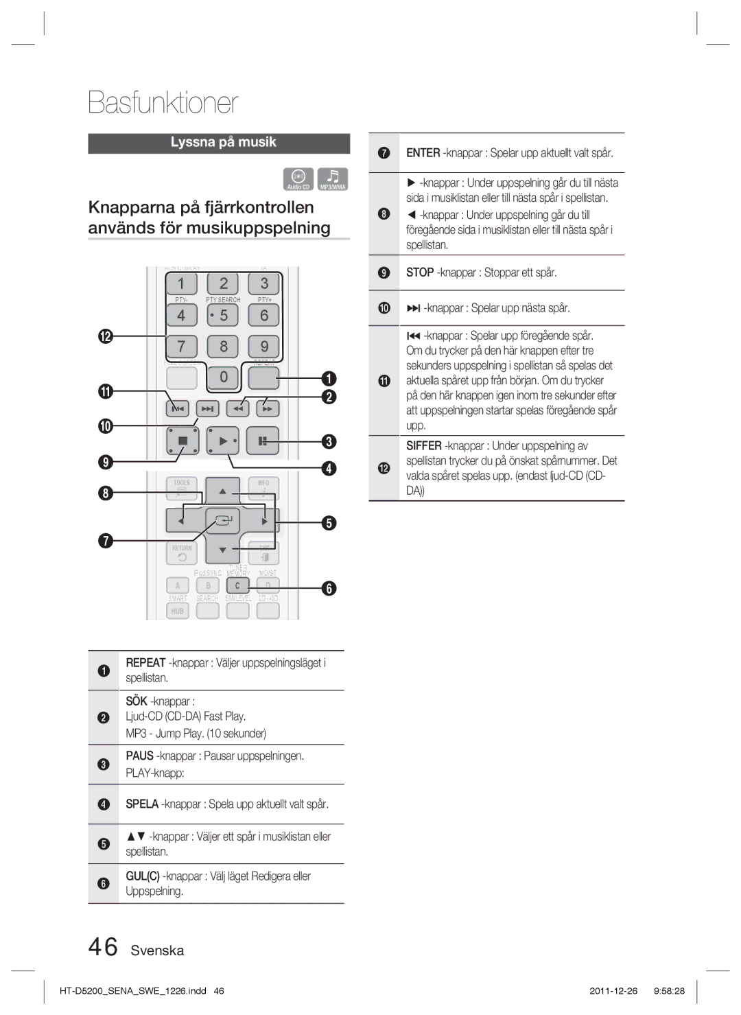 Samsung HT-D5200/XE manual Knapparna på fjärrkontrollen används för musikuppspelning, Lyssna på musik 