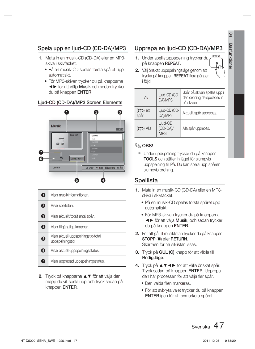 Samsung HT-D5200/XE manual Spela upp en ljud-CD CD-DA/MP3, Upprepa en ljud-CD CD-DA/MP3, Spellista 