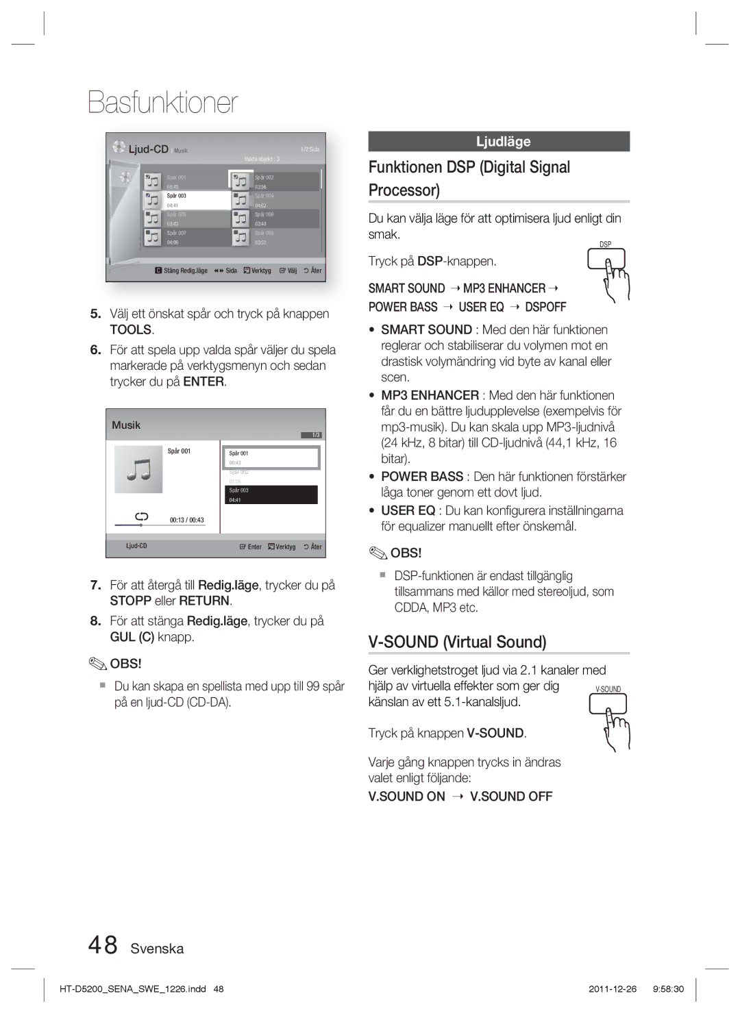 Samsung HT-D5200/XE manual Funktionen DSP Digital Signal Processor, Sound Virtual Sound, Ljudläge 