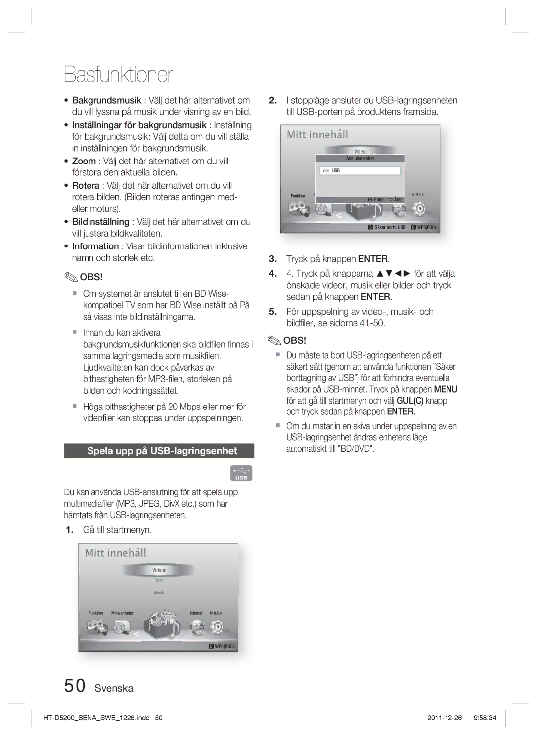 Samsung HT-D5200/XE manual Spela upp på USB-lagringsenhet, Gå till startmenyn 