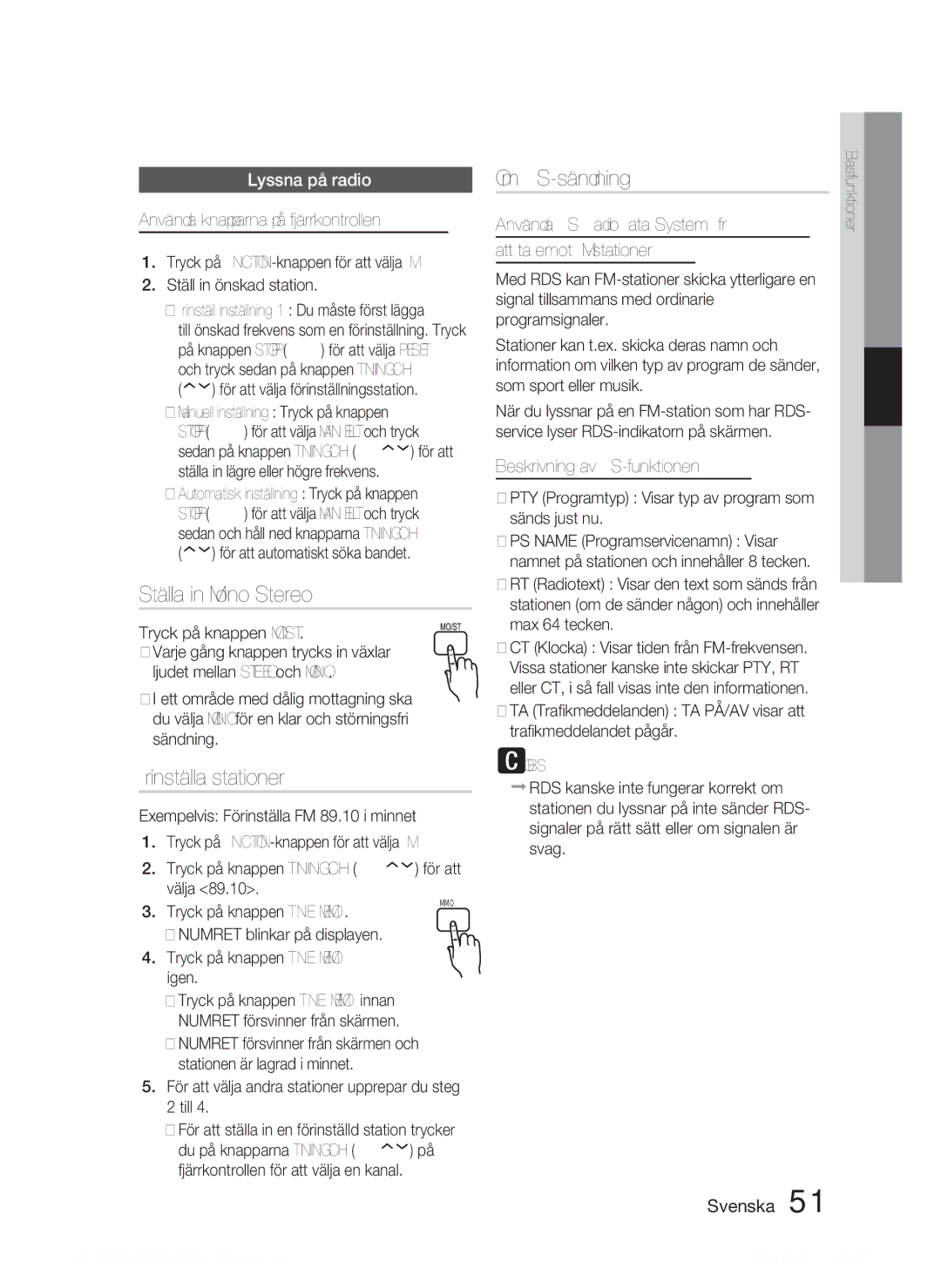 Samsung HT-D5200/XE manual Ställa in Mono/Stereo, Förinställa stationer, Om RDS-sändning, Lyssna på radio 