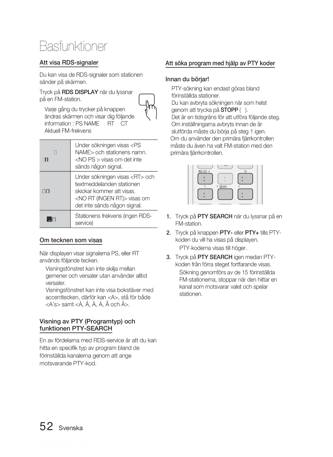 Samsung HT-D5200/XE manual Att visa RDS-signaler, Om tecknen som visas, Visning av PTY Programtyp och funktionen PTY-SEARCH 