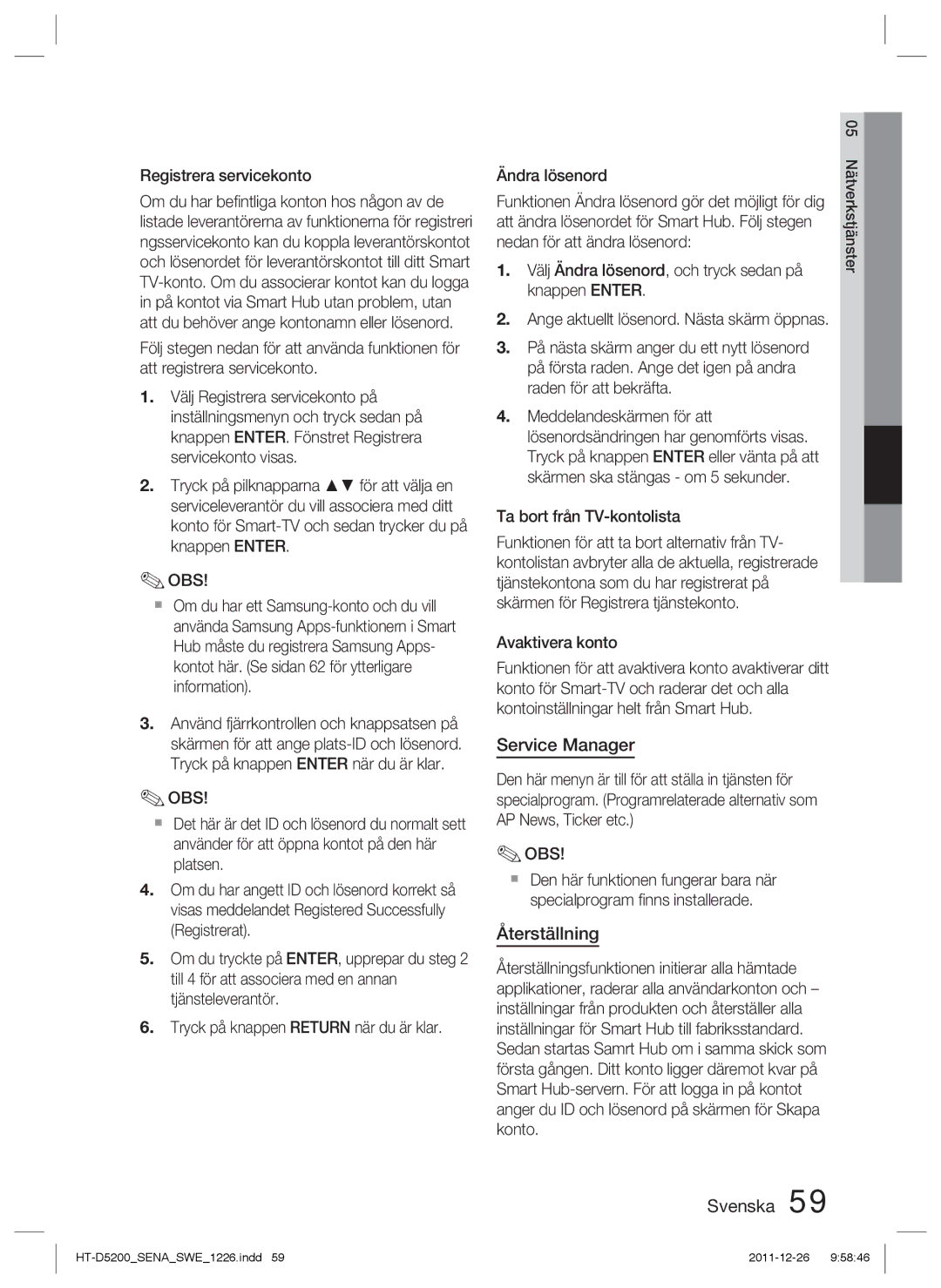 Samsung HT-D5200/XE manual Service Manager, Återställning, Registrera servicekonto 