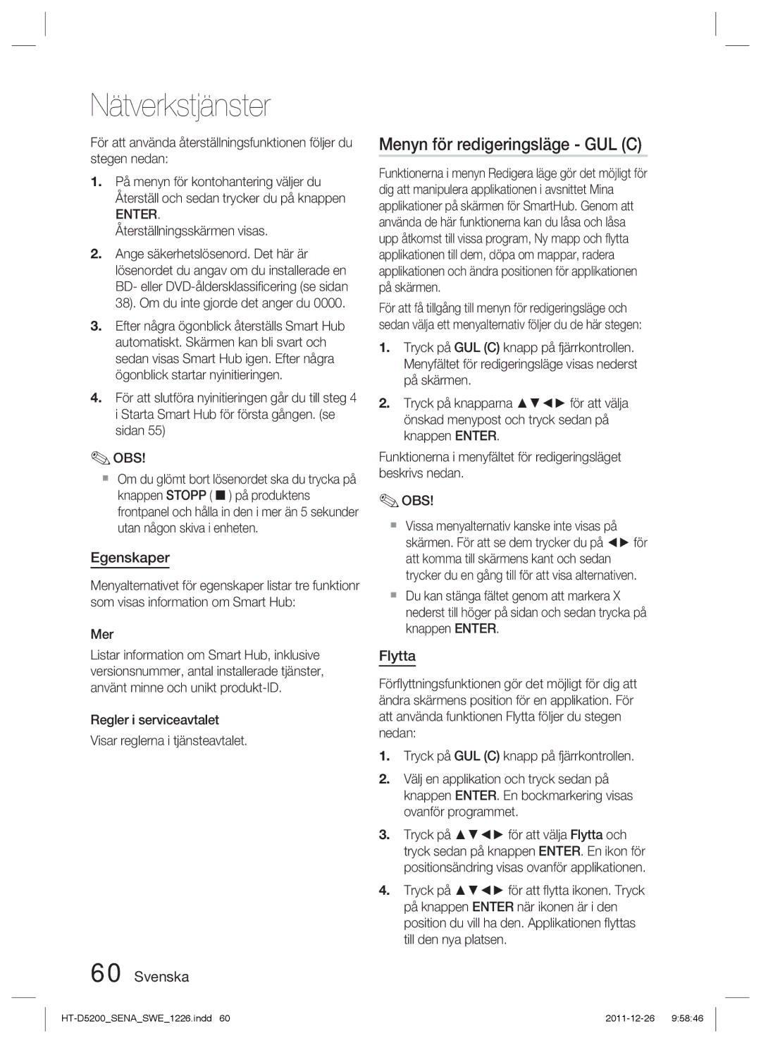 Samsung HT-D5200/XE manual Menyn för redigeringsläge GUL C, Egenskaper, Flytta 