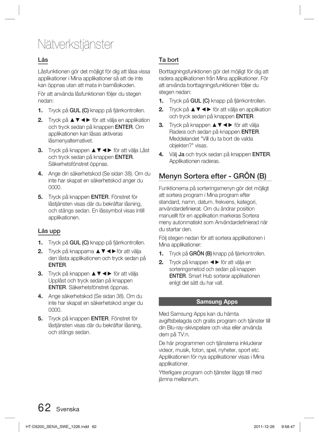 Samsung HT-D5200/XE manual Menyn Sortera efter Grön B, Lås upp, Ta bort, Samsung Apps 