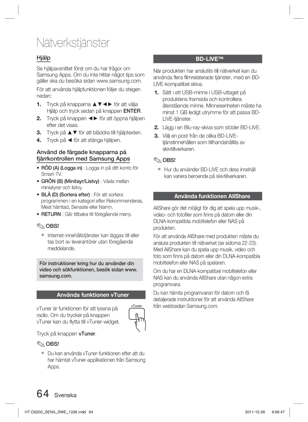 Samsung HT-D5200/XE manual Använda funktionen vTuner, Använda funktionen AllShare, Hjälp 