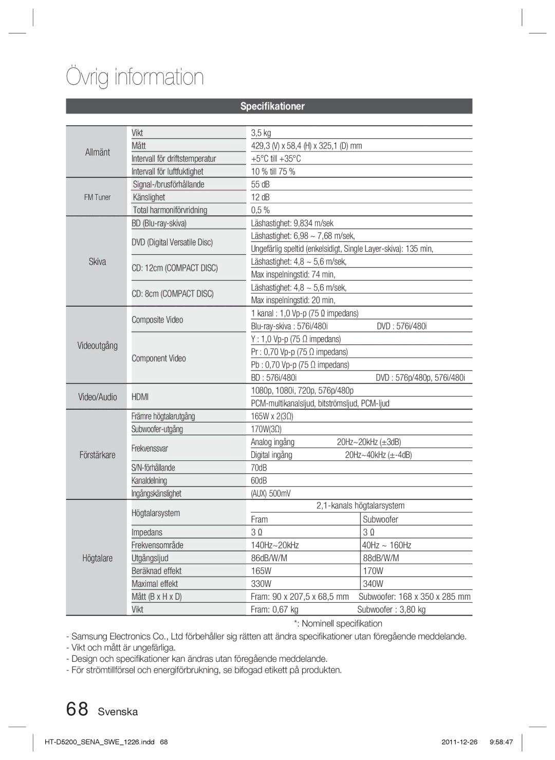 Samsung HT-D5200/XE manual Speciﬁkationer 