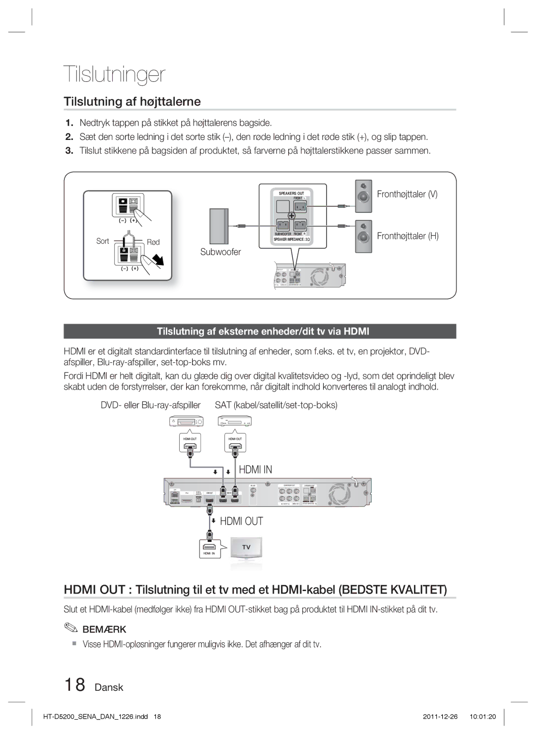 Samsung HT-D5200/XE manual Tilslutning af højttalerne, Tilslutning af eksterne enheder/dit tv via Hdmi, Sort Rød 