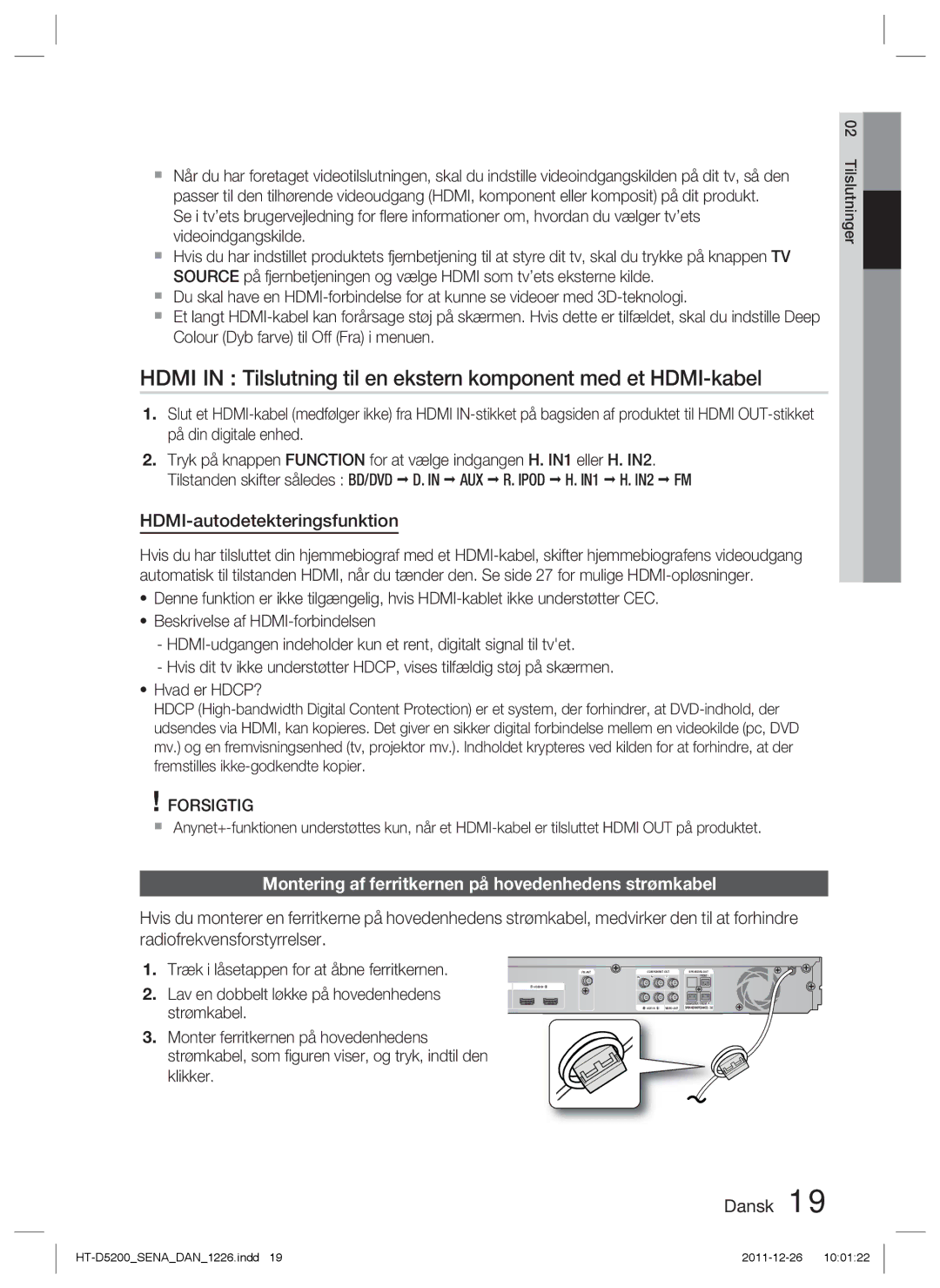 Samsung HT-D5200/XE manual HDMI-autodetekteringsfunktion, Montering af ferritkernen på hovedenhedens strømkabel 